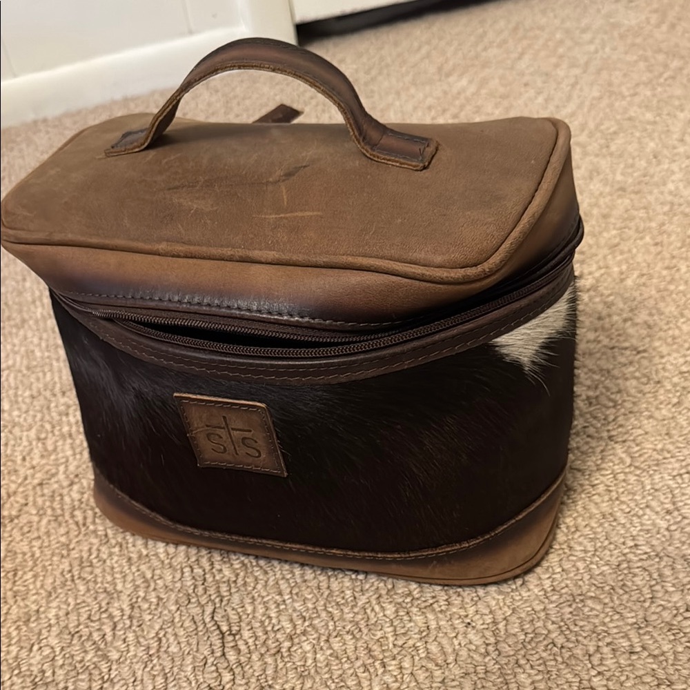 STS Ranchwear Brown and Black Cosmetic Bag with Leather Accents and Cowhide
